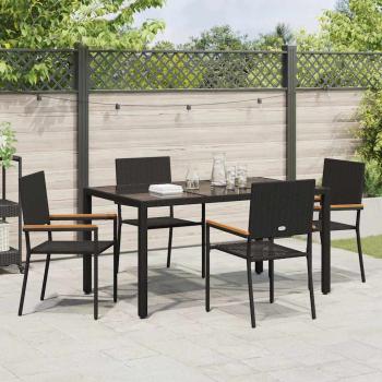 5-teiliges Garten Esszimmer Set Schwarz Poly-Rattan, Stapelbare Gartenstühle mit Kissen - 2-teiliges Set in Schwarz Poly-Rattan