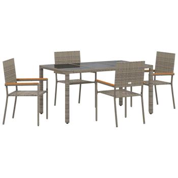 5-teilige Garten Essgruppe Grau Poly-Rattan, Stapelgartenstühle mit Kissen 2 Stk Grau Poly-Rattan