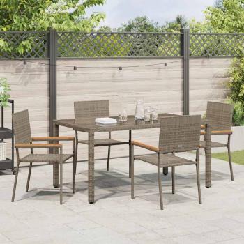 5-teilige Garten Essgruppe Grau Poly-Rattan, Stapelgartenstühle mit Kissen 2 Stk Grau Poly-Rattan