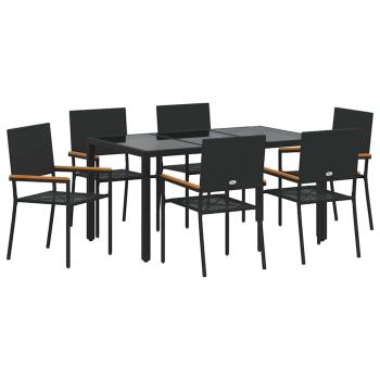 7-teiliges Garten-Esszimmer Set Schwarzes Poly-Rattan, Stapelbare Gartenstühle mit Kissen - 2-teiliges Set in Schwarz Poly-Rattan