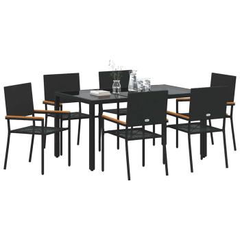 7-teiliges Garten-Esszimmer Set Schwarzes Poly-Rattan, Stapelbare Gartenstühle mit Kissen - 2-teiliges Set in Schwarz Poly-Rattan