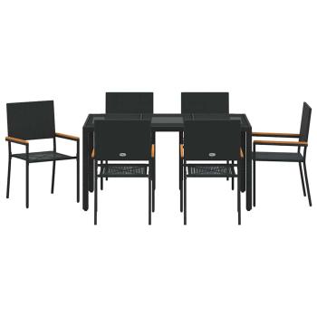 7-teiliges Garten-Esszimmer Set Schwarzes Poly-Rattan, Stapelbare Gartenstühle mit Kissen - 2-teiliges Set in Schwarz Poly-Rattan