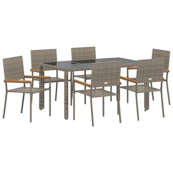 7-teiliges Garten Esszimmer Set Grau Poly Rattan, Stapelbare Gartenstühle mit Kissen 2 Stück Grau Poly Rattan