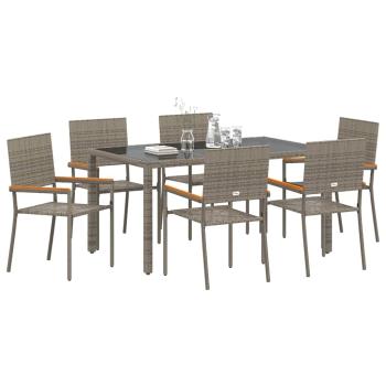 7-teiliges Garten Esszimmer Set Grau Poly Rattan, Stapelbare Gartenstühle mit Kissen 2 Stück Grau Poly Rattan