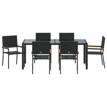 7-teiliges Garten Esstischset Schwarz Poly-Rattan, Stapelbare Gartenstühle mit Kissen - 2-teiliges Set in Schwarz Poly-Rattan