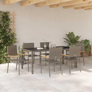 7-teilige Garten Essgruppe Grau Poly Rattan, Stapelbare Gartenstühle mit Kissen 2 Stück Grau Poly Rattan