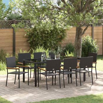 ARDEBO.de - 9-teiliges Garten Essset Schwarzes Poly Rattan, Stapelbare Gartenstühle mit Kissen - 2-teiliges Set in Schwarz Poly Rattan