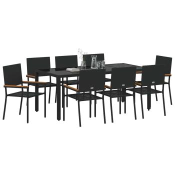 9-teiliges Garten Essset Schwarzes Poly Rattan, Stapelbare Gartenstühle mit Kissen - 2-teiliges Set in Schwarz Poly Rattan