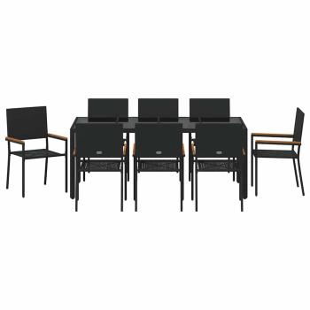 9-teiliges Garten Essset Schwarzes Poly Rattan, Stapelbare Gartenstühle mit Kissen - 2-teiliges Set in Schwarz Poly Rattan