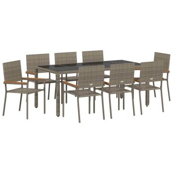 9-teiliges Garten Essset Grau Poly Rattan, Stapelbare Gartenstühle mit Polstern 2 Stück Grau Poly Rattan