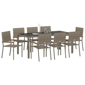 9-teiliges Garten Essset Grau Poly Rattan, Stapelbare Gartenstühle mit Polstern 2 Stück Grau Poly Rattan