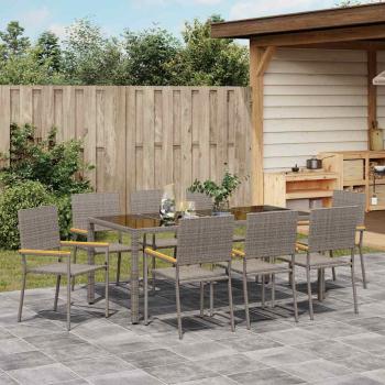 9-teiliges Garten Essset Grau Poly Rattan, Stapelbare Gartenstühle mit Polstern 2 Stück Grau Poly Rattan