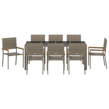 9-teiliges Garten Essset Grau Poly Rattan, Stapelbare Gartenstühle mit Polstern 2 Stück Grau Poly Rattan