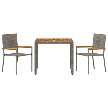 3-teilige Garten Essgruppe Graues Poly Rattan, Stapelbare Gartenstühle mit Kissen 2 Stück Graues Poly Rattan