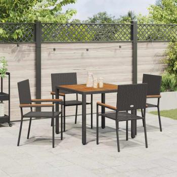 5-teiliges Garten Essgruppe Schwarz Poly Rattan, Stapelgartenstühle mit Kissen - 2-teiliges Set in Schwarz Poly Rattan