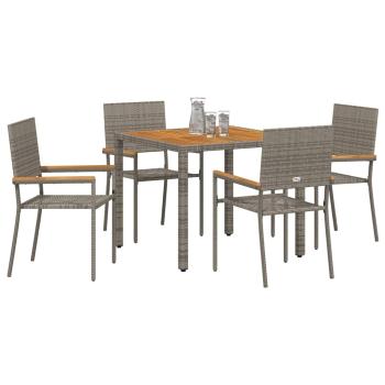 5-teiliges Garten Esszimmer Set Grau Poly Rattan, Stapelbare Gartenstühle mit Kissen 2 Stück Grau Poly Rattan