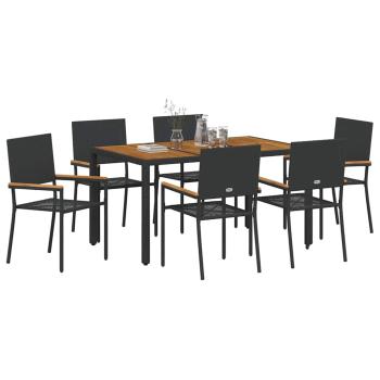 7-teiliges Garten Esszimmer Set Schwarz Poly Rattan, Stapelbare Gartenstühle mit Kissen - 2-teiliges Set in Schwarz Poly Rattan