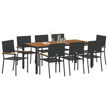 9-teiliges Garten-Esstisch-Set Schwarz Poly-Rattan, Stapelgartenstühle mit Kissen - 2-teiliges Set in Schwarz Poly-Rattan