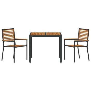 3-teiliges Garten Essset Schwarz Poly Rattan Akazie, Stapelbare Gartenstühle mit Kissen 2 Stück Schwarz Poly Rattan