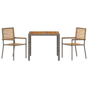 3-teiliges Garten Esstischset Grau Poly-Rattan Akazie, Stapelbare Gartenstühle mit Kissen 2 Stück Grau Poly-Rattan