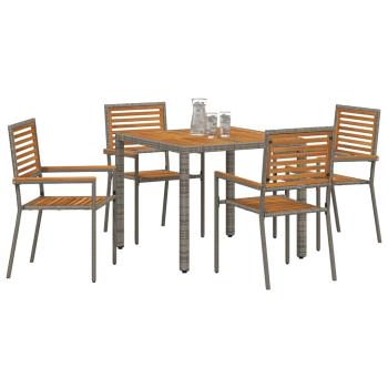 5-teiliges Garten Essset Graues Poly Rattan Akazie, Stapelbare Gartenstühle mit Kissen 2 Stück Graues Poly Rattan