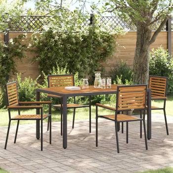 ARDEBO.de - 5-teiliges Garten Esstisch Set Schwarz Poly Rattan Akazie, Stapelbare Gartenstühle mit Kissen 2 Stück Schwarz Poly Rattan
