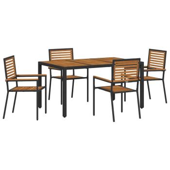 5-teiliges Garten Esstisch Set Schwarz Poly Rattan Akazie, Stapelbare Gartenstühle mit Kissen 2 Stück Schwarz Poly Rattan