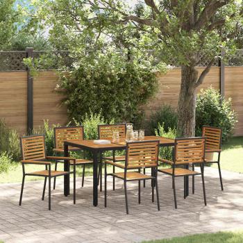 ARDEBO.de - 7-teilige Garten Essgruppe schwarz Poly Rattan Akazie, Stapelbare Gartenstühle mit Kissen 2 Stück schwarz Poly Rattan