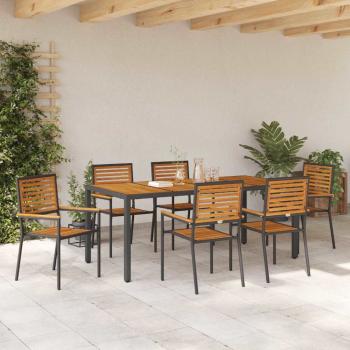 7 Teile Garten Essset Schwarz Poly Rattan Akazie, Stapelbare Gartenstühle mit Kissen 2 Stück Schwarz Poly Rattan
