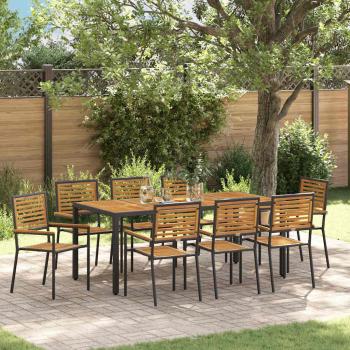 ARDEBO.de - 9-teiliges Garten Esszimmer Set Schwarzes Poly-Rattan Akazie, Stapelbare Gartenstühle mit Kissen 2 Stück Schwarz Poly-Rattan
