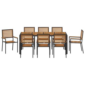 9-teiliges Garten Esszimmer Set Schwarzes Poly-Rattan Akazie, Stapelbare Gartenstühle mit Kissen 2 Stück Schwarz Poly-Rattan
