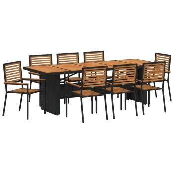 9-teiliges Garten Esstisch Set Schwarz Poly Rattan Akazie, Stapelbare Gartenstühle mit Kissen 2 Stück Schwarz Poly Rattan
