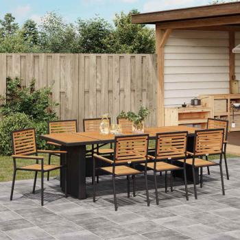 9-teiliges Garten Esstisch Set Schwarz Poly Rattan Akazie, Stapelbare Gartenstühle mit Kissen 2 Stück Schwarz Poly Rattan