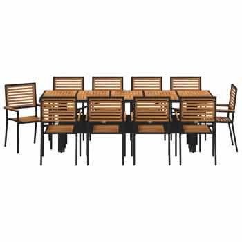 11-teilige Garten Essgruppe Schwarz Poly-Rattan Akazie, Stapelbare Gartenstühle mit Kissen 2 Stück Schwarz Poly-Rattan