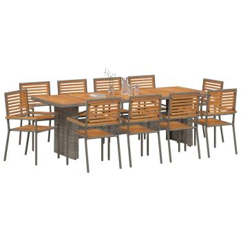 ARDEBO.de - 11-teiliges Garten Esszimmer Set Grau Poly Rattan Akazie, Stapelbare Gartenstühle mit Kissen 2 Stück Grau Poly Rattan