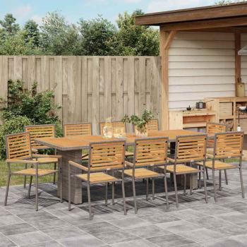 11-teiliges Garten Esszimmer Set Grau Poly Rattan Akazie, Stapelbare Gartenstühle mit Kissen 2 Stück Grau Poly Rattan