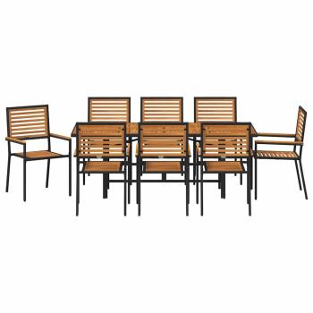9-teiliges Garten Essset Schwarz Poly Rattan Akazie, Stapelbare Gartenstühle mit Polstern 2 Stück Schwarz Poly Rattan