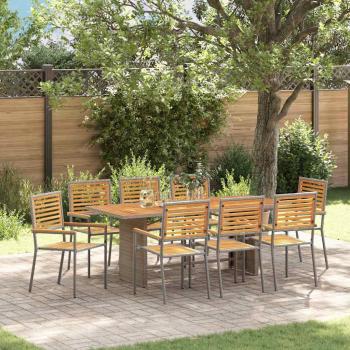 ARDEBO.de - 9-teilige Garten Essgruppe Graues Poly-Rattan Akazie, Stapelbare Gartenstühle mit Kissen 2 Stück Grau Poly-Rattan
