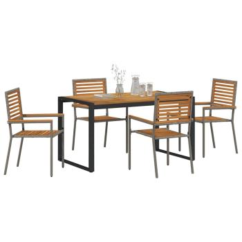 5-teiliges Garten Esstischset Grau Poly Rattan Akazie, Stapelbare Gartenstühle mit Kissen 2 Stk Grau Poly Rattan