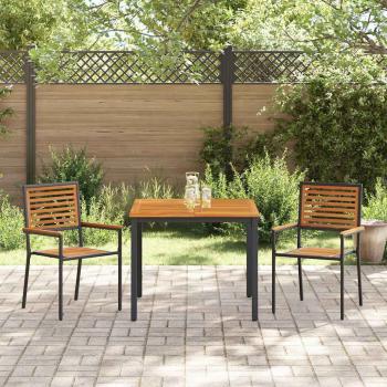 3-teiliges Garten Essset Schwarz Poly Rattan Akazienholz, Stapelbare Gartenstühle mit Kissen 2 Stück Schwarz Poly Rattan, Gartentisch 90x90x75 cm Aus massivem Akazienholz und Metall