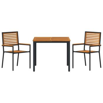 3-teiliges Garten Essset Schwarz Poly Rattan Akazienholz, Stapelbare Gartenstühle mit Kissen 2 Stück Schwarz Poly Rattan, Gartentisch 90x90x75 cm Aus massivem Akazienholz und Metall