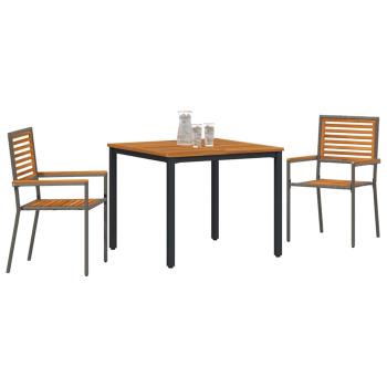 3-teilige Garten Essgruppe Grau Poly-Rattan Akazie, Stapelbare Gartenstühle mit Kissen 2 Stück Grau Poly-Rattan, Gartentisch 90x90x75 cm Aus solidem Akazienholz und Metall