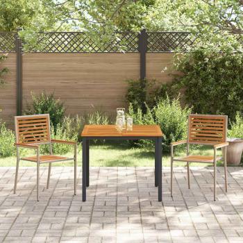 ARDEBO.de - 3-teilige Garten Essgruppe Beige Poly Rattan Akazie, Stapelbare Gartenstühle mit Kissen - 2er Set in Beige Poly Rattan, Gartentisch 90x90x75 cm aus massivem Akazienholz und Metall