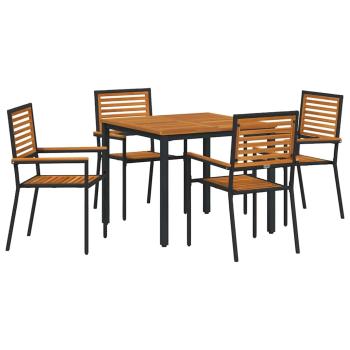 ARDEBO.de - 5-teiliges Garten Essbereich Set Schwarz Poly Rattan Akazie, Stapelbare Gartenstühle mit Kissen 2 Stück Schwarz Poly Rattan, Gartentisch 90x90x75 cm Aus massivem Akazienholz und Metall