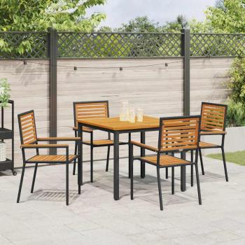 5-teiliges Garten Essbereich Set Schwarz Poly Rattan Akazie, Stapelbare Gartenstühle mit Kissen 2 Stück Schwarz Poly Rattan, Gartentisch 90x90x75 cm Aus massivem Akazienholz und Metall