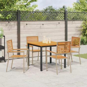 5-teiliges Garten Essset Beige Poly Rattan Akazie, Stapelbare Gartenstühle mit Kissen - Set aus 2 in Beige Poly Rattan, Gartentisch 90x90x75 cm aus solidem Akazienholz und Metall