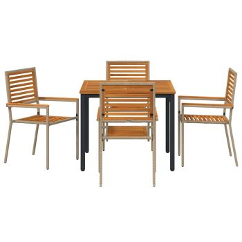 5-teiliges Garten Essset Beige Poly Rattan Akazie, Stapelbare Gartenstühle mit Kissen - Set aus 2 in Beige Poly Rattan, Gartentisch 90x90x75 cm aus solidem Akazienholz und Metall