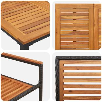 5-teiliges Garten-Ess-Set Schwarz Poly Rattan Akazie, Stapelbare Gartenstühle mit Kissen 2 Stück Schwarz Poly Rattan, Gartentisch 150x90x75 cm aus massiver Akazie und Metall