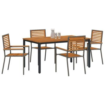5-teiliges Garten Esszimmer Set Grau Poly Rattan Akazie, Stapelbare Gartenstühle mit Kissen 2 Stück Grau Poly Rattan, Gartentisch 150x90x75 cm Aus solidem Akazienholz und Metall