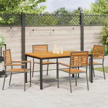 5-teiliges Garten Esszimmer Set Grau Poly Rattan Akazie, Stapelbare Gartenstühle mit Kissen 2 Stück Grau Poly Rattan, Gartentisch 150x90x75 cm Aus solidem Akazienholz und Metall